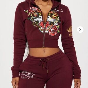 Ed Hardy Burgundy Tiger Graphic Tracksuit